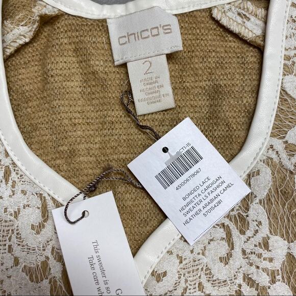 Chicos Bonded Lace Henrietta Cardigan Jacket Faux Leather Tan White Size 2 Large - Picture 2 of 6